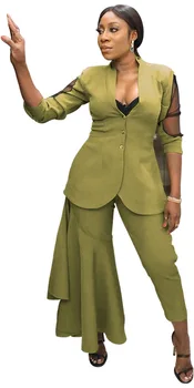 

Autumn Winter Women Two Piece Set Top and Pants Plus Size Tracksuit Sweatsuit Outfit Mesh Patchwork Ruffles Blazer Flare Pants