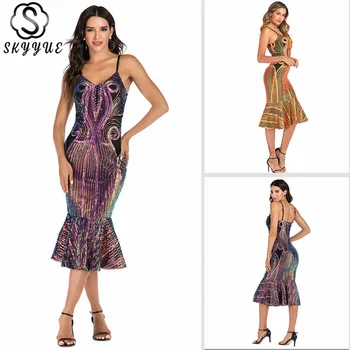 

Skyyue Cocktail Dress Woman Sequined V-Neck Sleeveless Robe Cocktail Gown YM054 Spaghetti Strap Mermaid Robe Cocktail