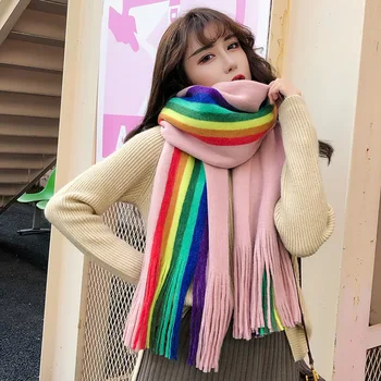 

Orangelili 210*60cm Rainbow Color Printed Scarf Women Winter Warm Soft Cashmere Thicken Shawls Tassel Scarves for Women QH1901
