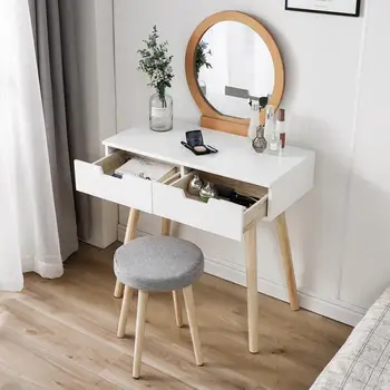 

Dresser Table Mirror With Chair Set Vanity Table Makeup Stool Wooden 2 Drawers Modern Tocador Mesa Assembly Bedroom Europe