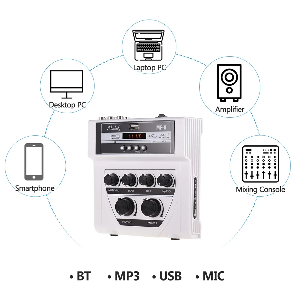 Muslady MF-8 Профессиональный мини звук аудио миксер стерео эхо смесители Двойной микрофон входы поддержка BT Запись MP3 функция