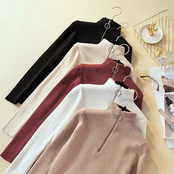 

Autumn Women Sweaters Ladies Sweaters Zipper Stretch Long Sleeve Plain Top Knit Long Sleeve Sweater