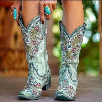 

2020 New Fashion Autumn Winter Round Toe High Heels National Style Embroidered Medium Tube Fashion Women Boots Bottine Femme