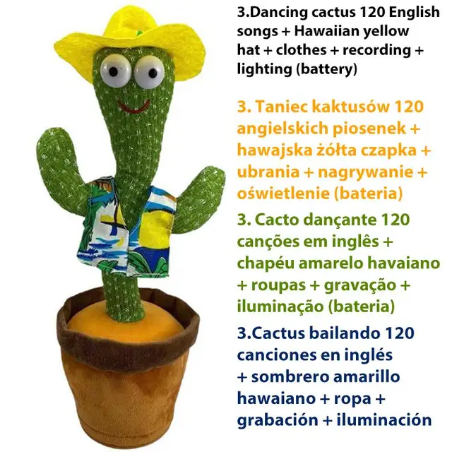 USB Charging Dancing Cactus Music Box Electronic Singing Plush Toy Cartoon Potted Holiday Decoration Gift Ornament For Home Model 3