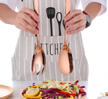 

Large Salad Dinner Serving Spoons Kitchen Stainless Steel Spoon Set Red Colorful Server Fork Spoon Metal Utensils Tableware