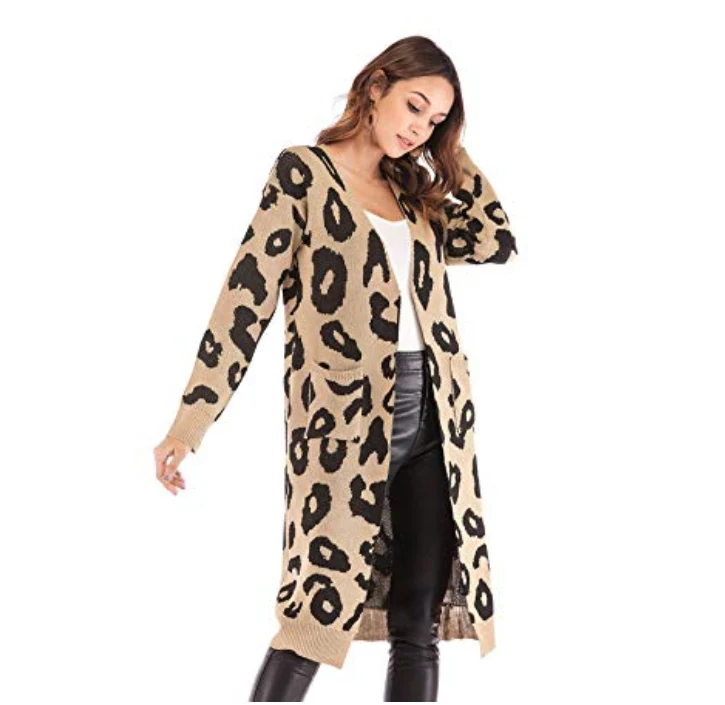 Женский длинный кардиган, Леопардовый вязаный длинный открытый перед, повседневный вязаный свитер макси с принтом, пальто, верхняя одежда с карманами ouc587