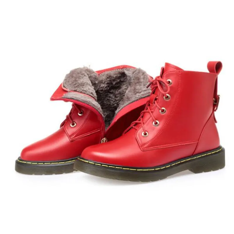 red winter boots Г. Новые Модные осенние ботинки из натуральной кожи Нескользящие Ботинки martin на плоской мягкой подошве бархат теплые на зиму женские ботинки - Цвет: red winter boots