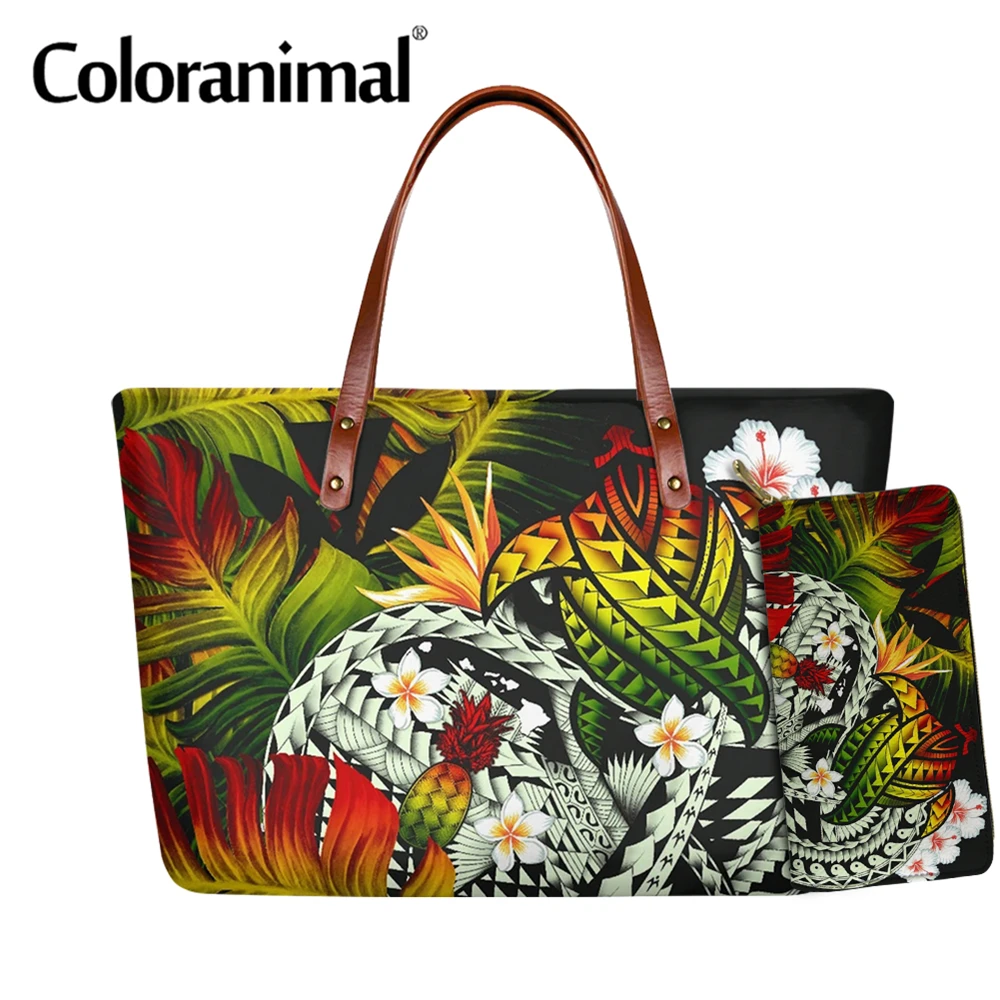 Coloranimal  Hawaiian Polynesian Pineapple Banana Leaves Turtle Printed Ladies Shoulder Bag PU Storage Handbag Bag 2Pcs Bolsa 