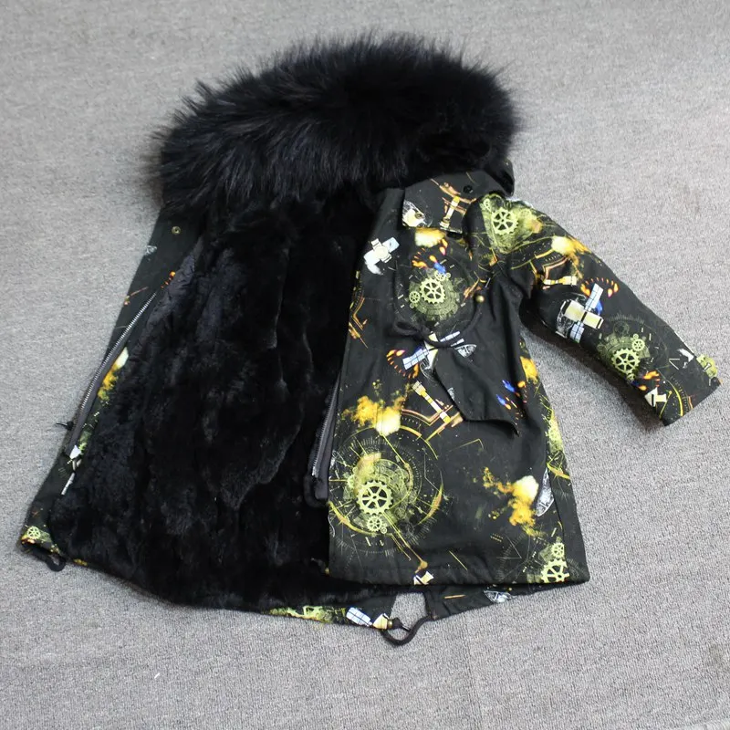 green black fur Одежда для маленьких девочек зимняя куртка с натуральным мехом парка, ветровка для мальчика с большим мехом, пальто с капюшоном для девочек, детские куртки, одежда - Цвет: green black fur