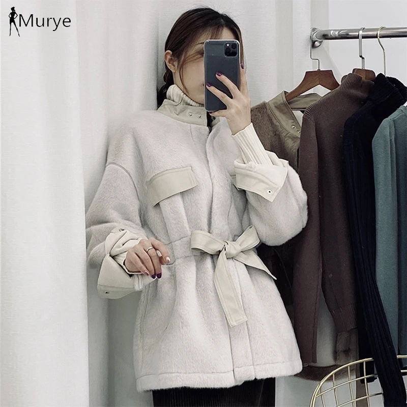 

Winter Faux Fur Coat Women Drawstring Warm Outerwear Wool Coat Jacket New Belt Pocket Fashion 2020 Elegant Ladies Casual Jacket