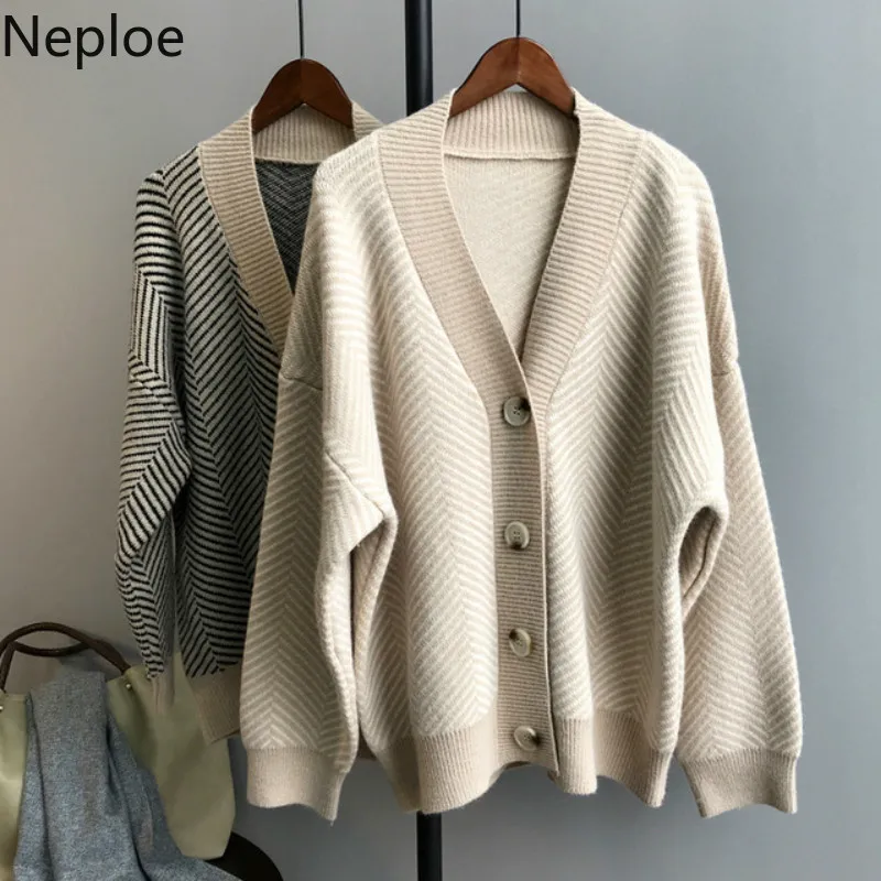 Neploe Ins, свободные безумные стильные Полосатые кардиганы, свитер с v-образным вырезом, с одной грудью, из кусков, Женское пальто, осень-весна, вязанное 47591