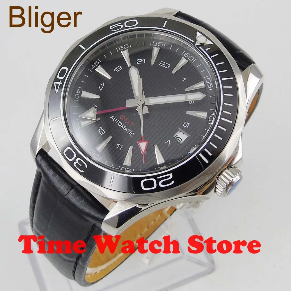 Новые 41 мм Bliger GMT автоматические часы мужские роскошные механические водонепроницаемые черный циферблат кожаный ремешок керамический светящийся сапфир 877