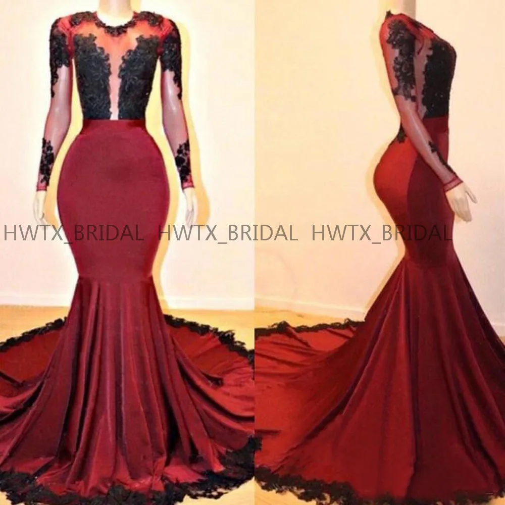 HWTX_Bridal бургундское и черное вечернее платье Robe de soiree прозрачные длинные рукава кружева Русалка Длинные вечерние платья для выпускного вечера - Цвет: picture color