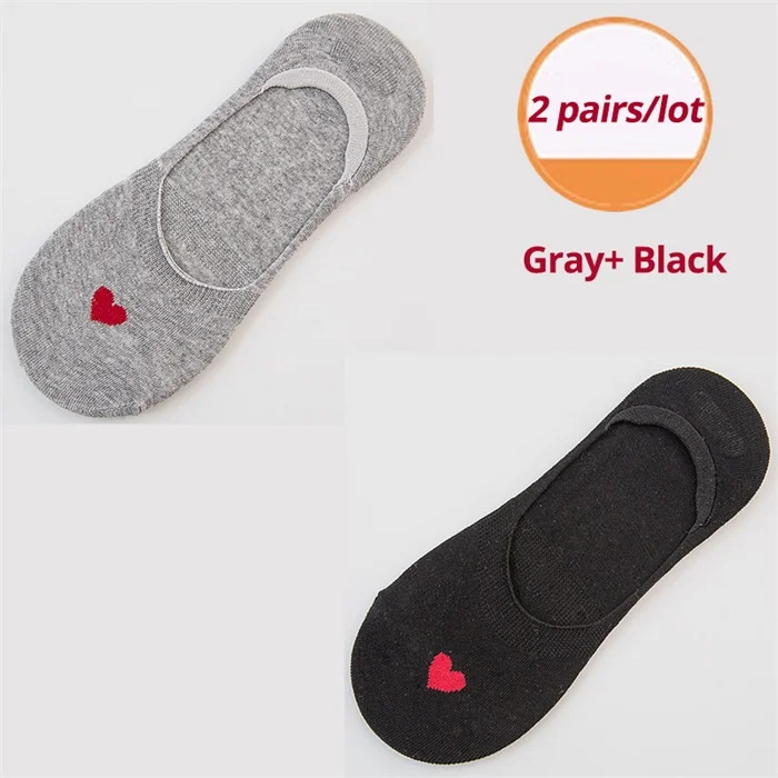 CXZD женские невидимые хлопковые носки 2 пары Kawaii милые носки без шоу Нескользящие Лоферы лайнер с низким вырезом красное сердце шаблон мягкие дышащие - Цвет: gray and black