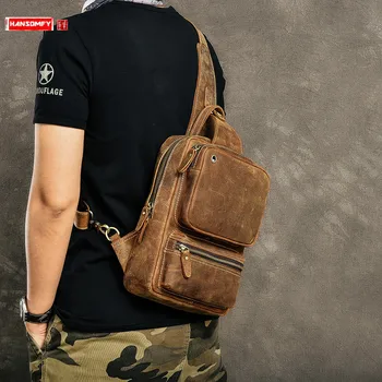 

Retro Handmade Men's Shoulder Messenger Bag Men Chest Bag Crossbody Bags Multi-pocket Bag Crazy Horse Leather Head Layer Leather
