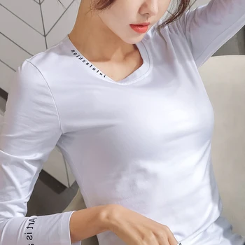 

White Lettered T-shirt Women's New Style Pure Cotton Long Sleeve Crew Neck Base Shirt Slim Fit Underwear T-shirt 7655