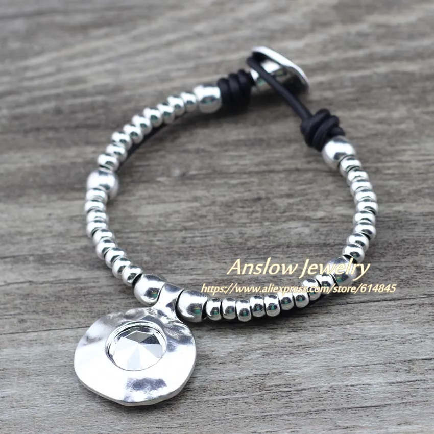 Anslow New Wholesale Charm Bijoux Round Crystal Leather Bracelet Wristband Jewelry For Women Female Valentine's Day LOW0766LB