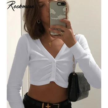 

Rockmore Button Up Deep V Neck Sexy Tshirts For Women Pleated Full Sleeve Cropped Shirts Casual White Korean Clothes T-Shirts
