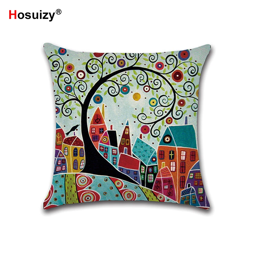 

Shabby Chic Linen Cushion Cover 45x45cm Cartoon Hand Painted Village Living Room Farmhouse Home Decor Sofa Throw Pillow Covers