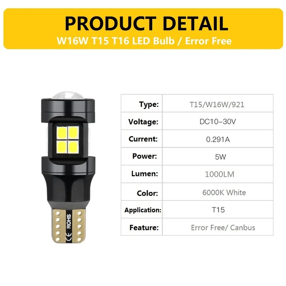 2 шт. W16W T15 светодиодный лампы 2835 SMD Canbus OBC Error Free светодиодный запасной светильник 921 912 W16W светодиодный лампы заднего хода автомобиля Лампа ксенон белый 12V