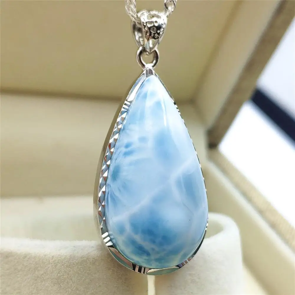 

Natural Blue Larimar Gemstone Women Men Pendant 32x18x9mm Water Drop 925 Sterling Silver Love Gift Fashion Pendant AAAAA