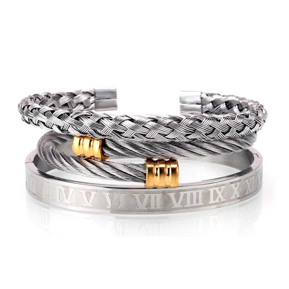 Steel Gold Color Borasi 3 шт./компл. Роскошный Золотой/Серебряный 316L Нержавеющая сталь оплетки браслеты открытие манжеты Браслеты для Для мужчин удивительная цена - Окраска металла: Steel Gold Color