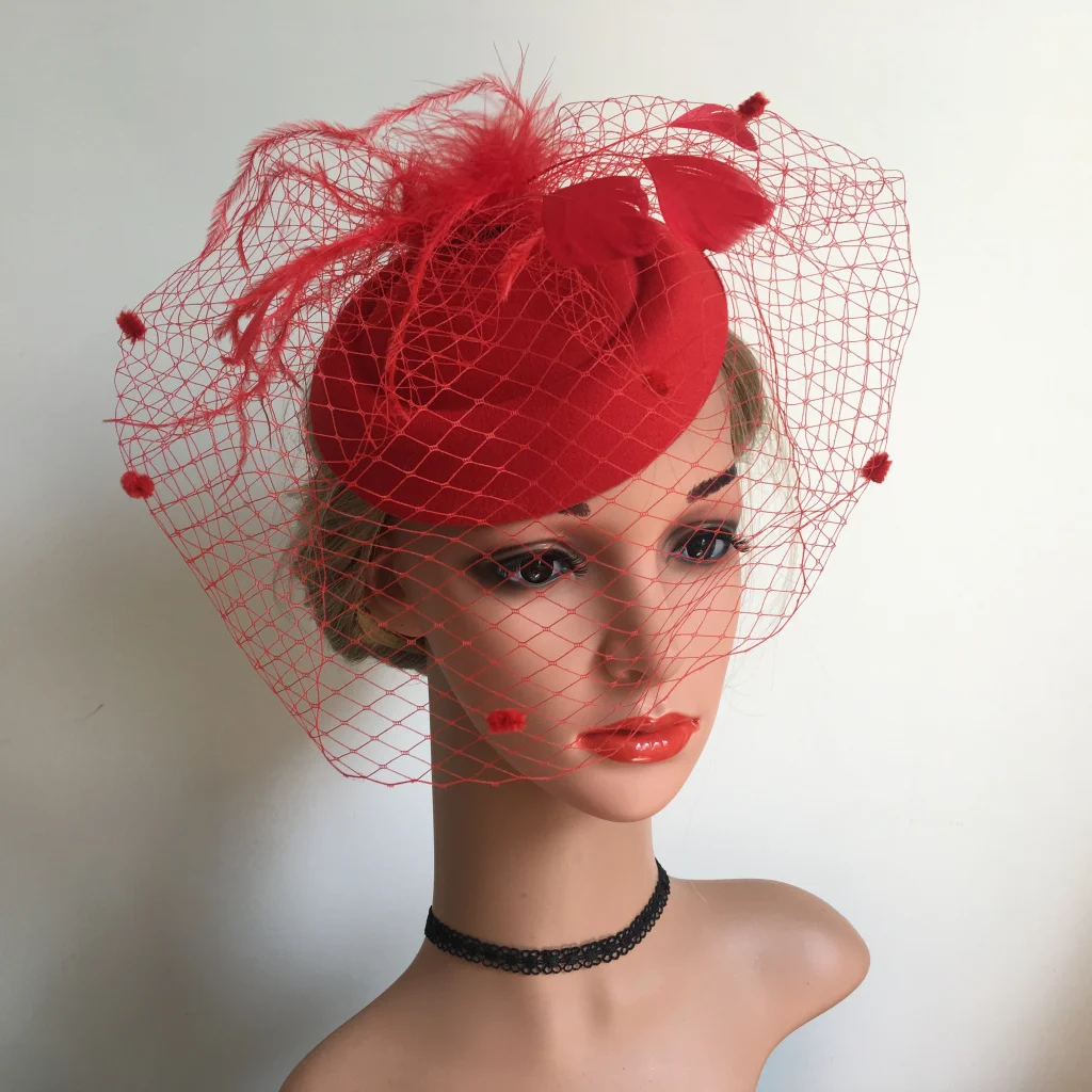 Retro Fascinators Hats 50s Party Headwear Feathers on a Headband with Clip and Mesh Veil for Women Wedding Tea Party Headpiece
