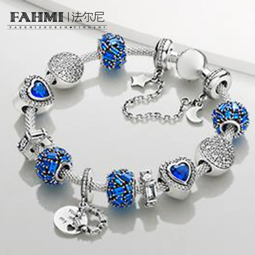 

FAHMI 100% 925 Sterling Silver Winter Bracelet Set Night Blue Love Heart Charm PAVE SPHERE Chiselled Charm Galaxy Safety Chain