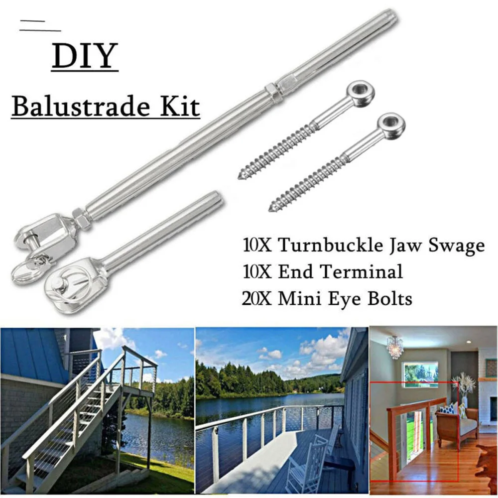 

10pcs Balustrade Set Stainless Steel Wire Rope DIY Swage Fork Turnbuckle Body Rigging Screws With Jaw Fork Turnbuckle Bottles