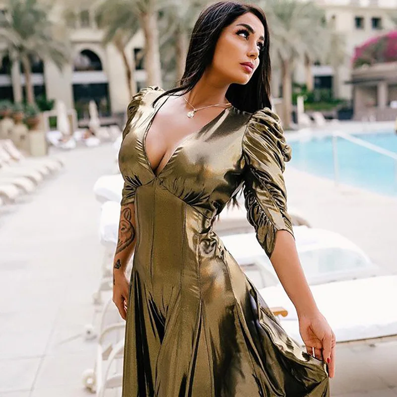 

2019 autumn new European and American fashion gold short sleeved deep V-neck open back bronzing mesh waist slimming fashion ele