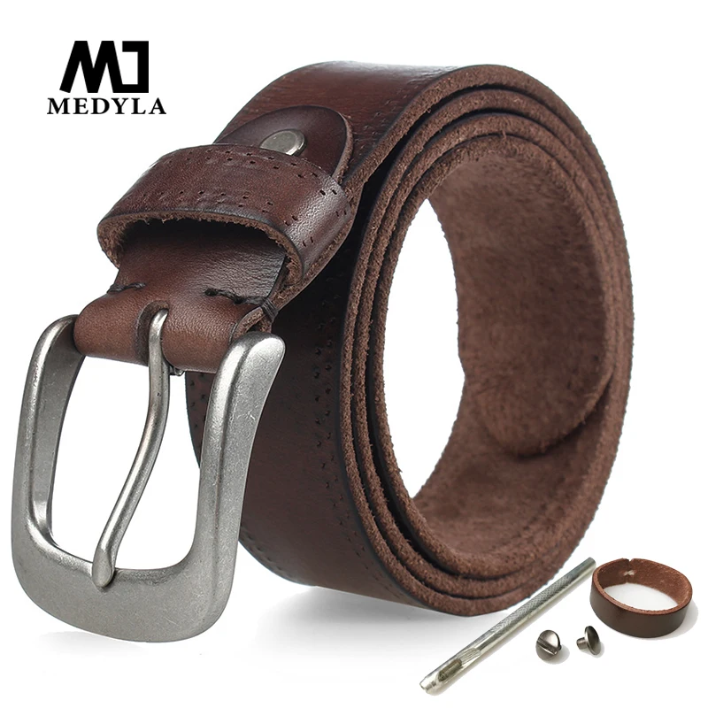 MEDYLA Real Leather Men's Belt Soft Raw Cowhide Solid Hard Metal Buckle Genuine Leather Belt Men Natural Leather No Mezzanine