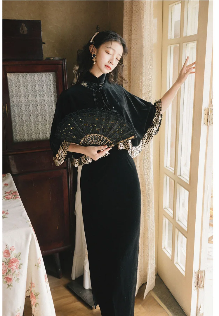 Элегантное тонкое китайское платье Qipao, высокое качество, классическое женское бархатное платье Cheongsam, платок с пайетками, сексуальное длинное платье с разрезом, комплект из двух предметов