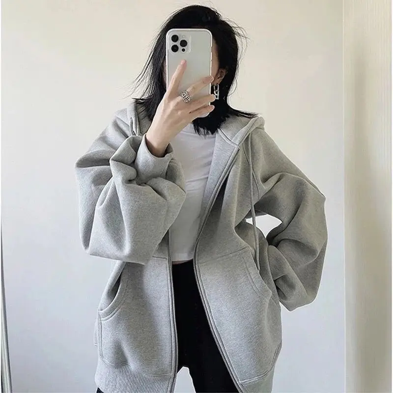 

Hoodies Harajuku Korean Version Loose Oversized Sweatshirts Vintage Solid Color Long Sleeve Hooded Sweatshirt Zipper Coats 2022