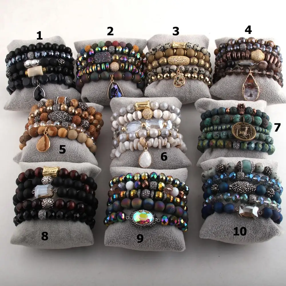 MOODPC Fashion Jewelry Beautiful Bracelet Set Natural Stone Cubic Zircon Ball Crystal Pave Bracelets