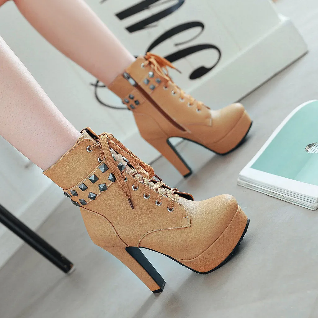 women shoes high heel Round Toe Lace Up Ankle Buckle Chunky High Heel Platform Knight Boots sapato feminino#y2*1