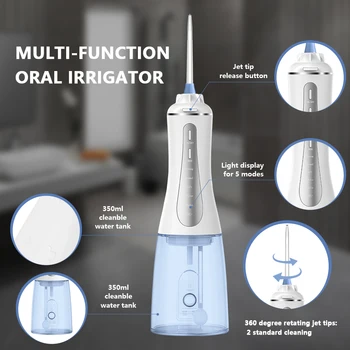 

Portable D ental Oral Irrigator Rechargeable Cordless Powerful Water Flosser Teeth Cleaner Detachable 350ml Water Tank