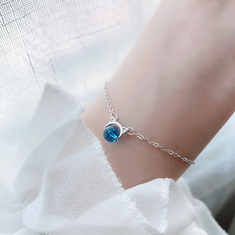 Женские браслеты с котом из 100% натурального камня аметист Настоящее серебро 925