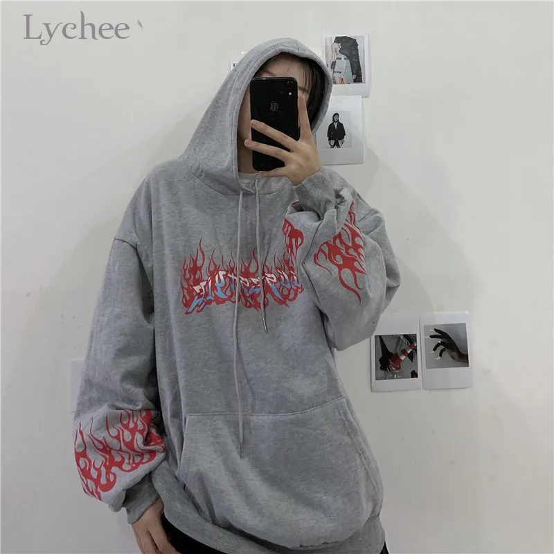 Lychee Harajuku повседневные свободные женские флисовые толстовки с надписью «пламя» Женские флисовые толстовки с капюшоном осенние зимние женские топы с капюшоном