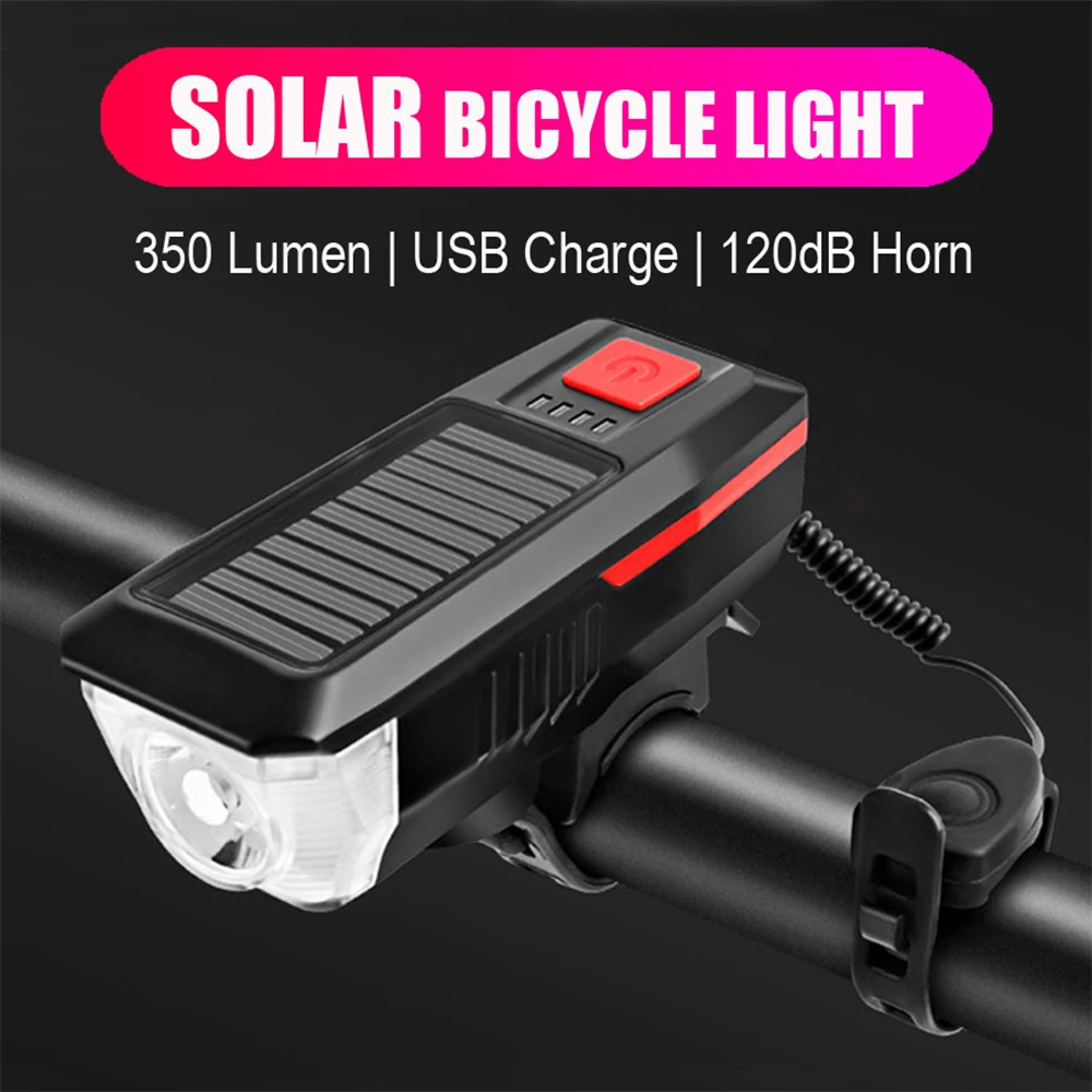 

Solar Power Bike Front Light With Horn MTB Road Bicycle LED Headlight USB Rechargeable Waterproof Cycling Flashlight Accessories