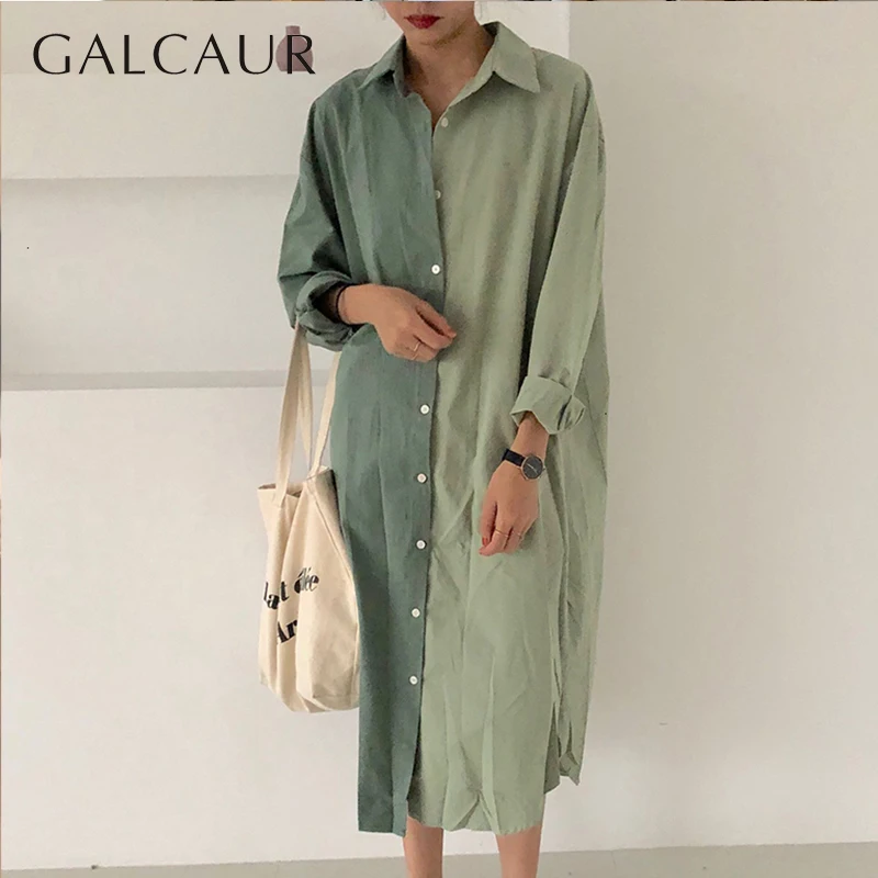 

GALCAUR Patchwork Hit Color Female Blouses Lapel Collar Long Sleeve Loose Autumn Women's Shirts Fashion 2019 Clothing Tide