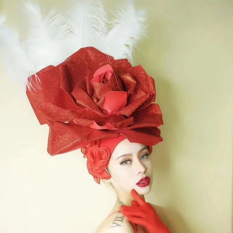 Club Rose dancer costume Sexy Female Stage Wear Red Flower Headgear Crystal Tassel Bikini Tail Dance Outfit