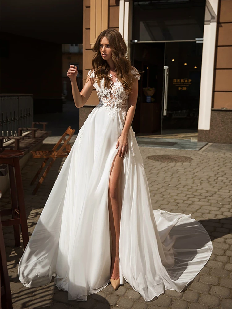 

High Split Chiffon Wedding Dress Cap Sleeve Appliqued Lace Backless Illusion Bodice Bridal Gown with Long Trail Vestido De Noiva