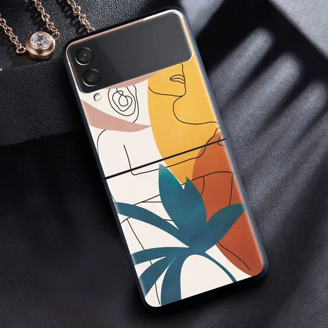 For Samsung Galaxy Z Flip 3 5G Case Luxury Matte Black Hard Phone Cover ZFlip 3 Shockproof Fundas Shell Abstract Women Face Line B01