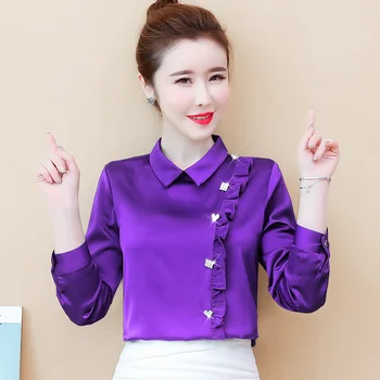 

COIGARSAM Fashion Full Sleeve blouse women Spring Chiffon Loose V-Neck blusas womens tops and blouses White Purple Green 1983