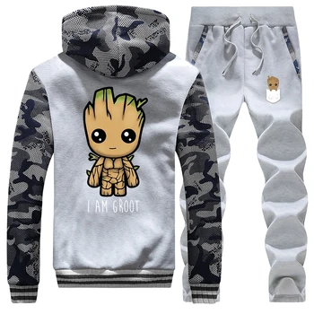 

I AM GROOT Mens Sports Set Guardians Of The Galaxy Male Hoodies Zip Winter Thick Men 2 Piece Suit Camouflage Outwear Warm Pants