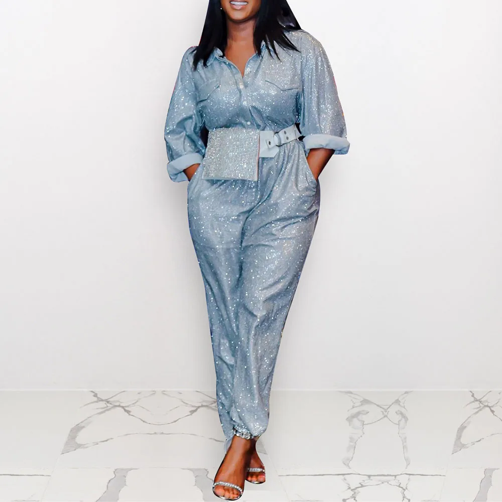 Sequins Jumpsuits Plus Size Women Long Sleeve Autumn Rompers African Loose High Waist Jumpsuit Button Pocket Playsuits