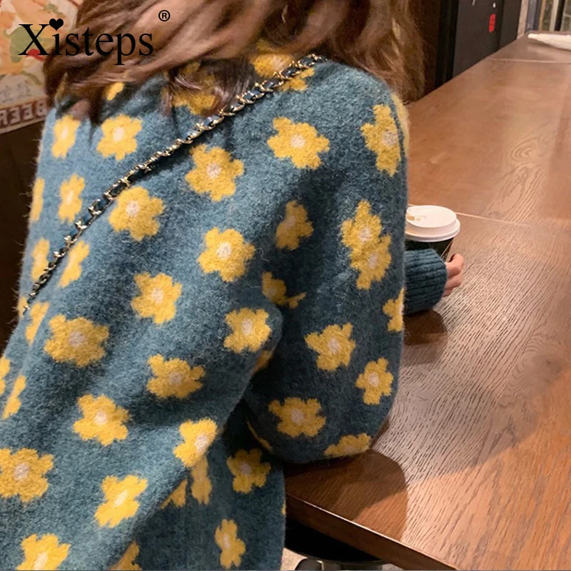 

Xisteps Floral Print Women Knitted Sweater V-neck Long Sleeves Pullover Chic Warm 2020 New Autumn Winter Ladies Jumper