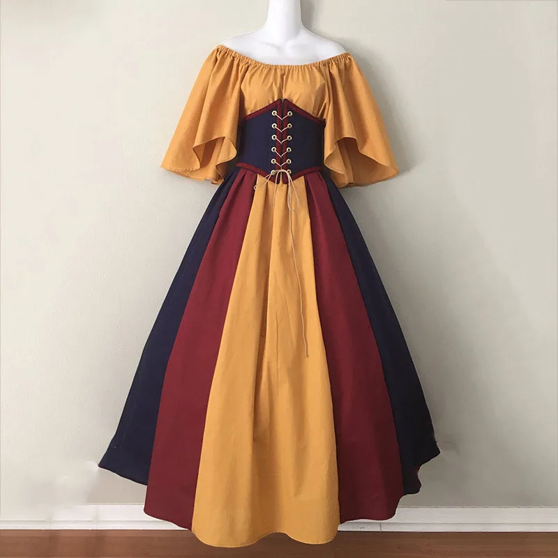 

Womens Retro Vintage Dress Victorian Renaissance Gothic Medieval Cosplay Bandage Gown Lace Up Splicing Swing Long Dresses