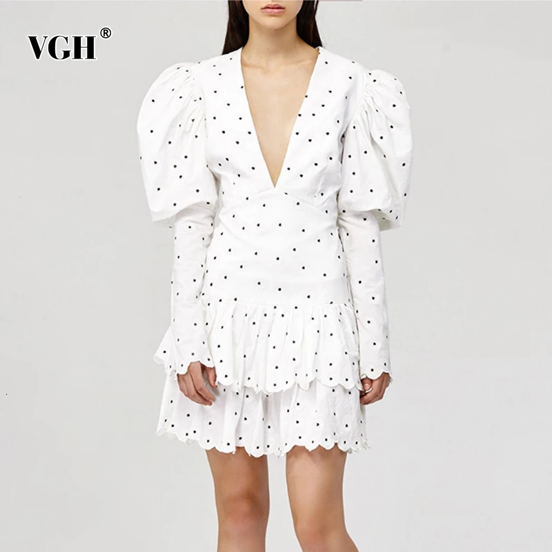 

VGH Korean Ruffle Dot Dress For Women V Neck Puff Sleeve High Waist Tunic Mini Dresses Female 2019 Autumn Fashion New Clothes