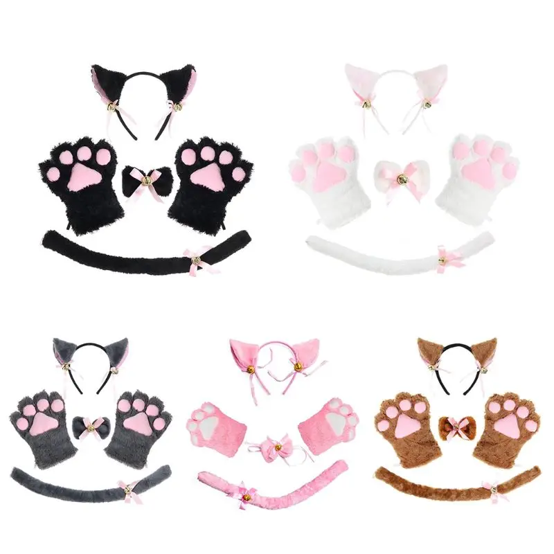 Game Cosplay Props Costume Headband Disco Hip Hop Costume Set Women Lady Cat Kitty Maid Cosplay Costume Set Plush Ear Bell Headband Bowknot Collar Choker Tail Paws Gloves Anime Props